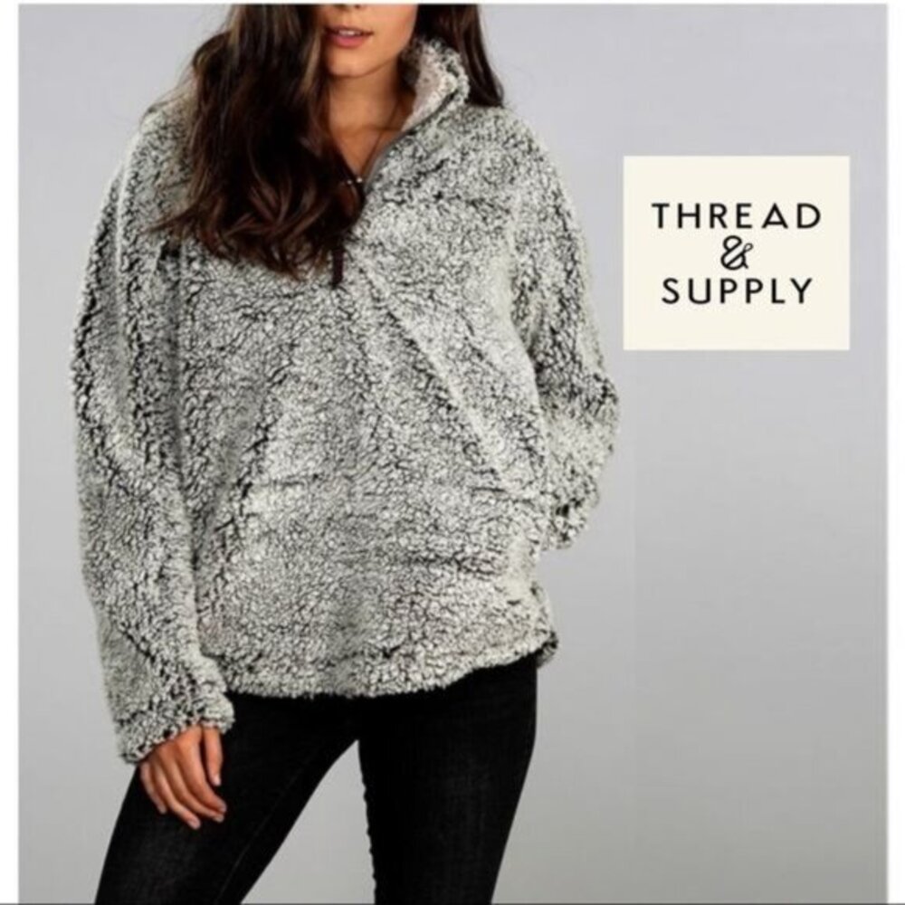 Thread & Supply Large Sherpa Pullover Sweater Top Gray Zip Fleece Lazy Sunday